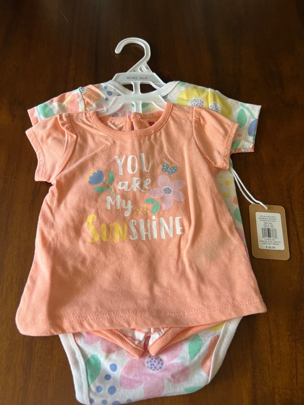 Mini Hop: Peach “You Are My Sunshine” Baby Tee, Bodysuit Onesie, and Shorts Set